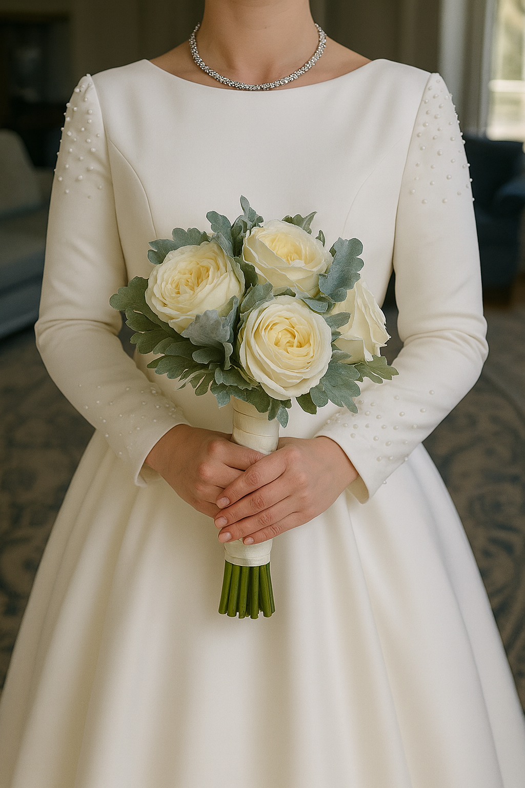 Islak Dokulu Krem Şakayık Gelin Buketi