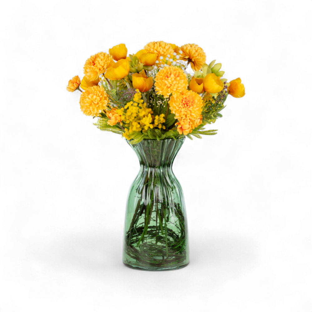 Kır Buketi Sarı Aranjman – Yeşil Cam Vazo