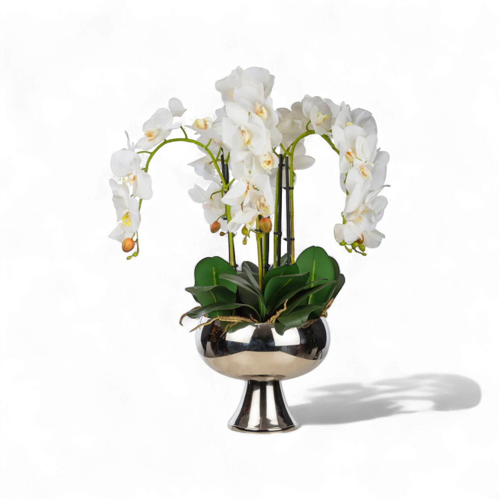 Beyaz Orkide Aranjmanı –  Ayaklı Metal Saksıda