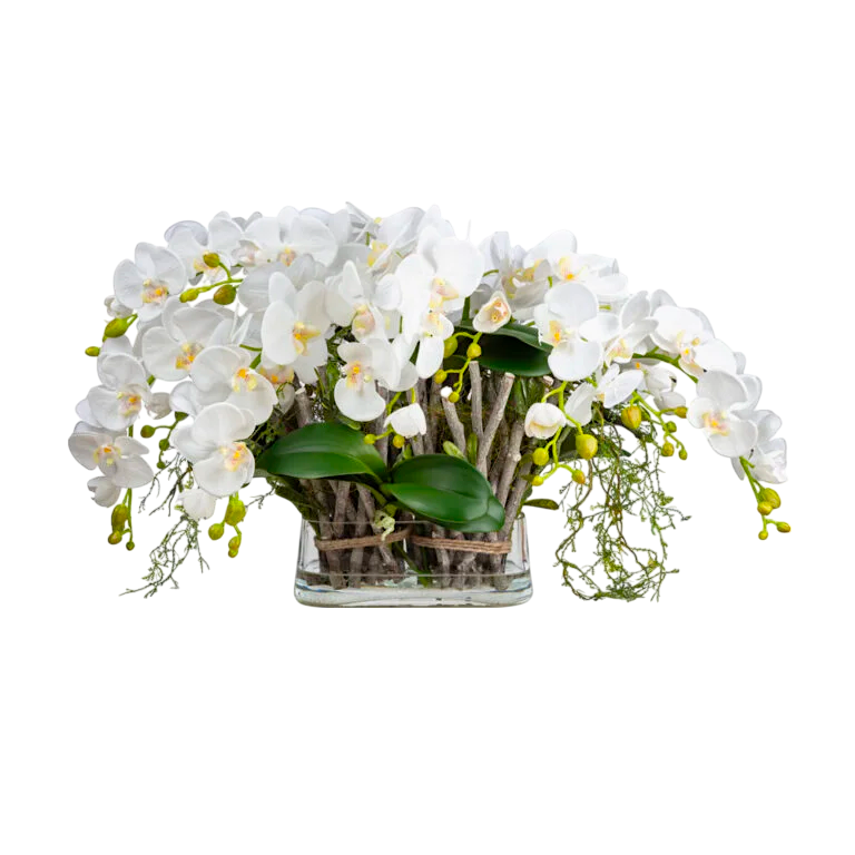 Beyaz Orkide Aranjmanı – Yatay Cam Vazoda