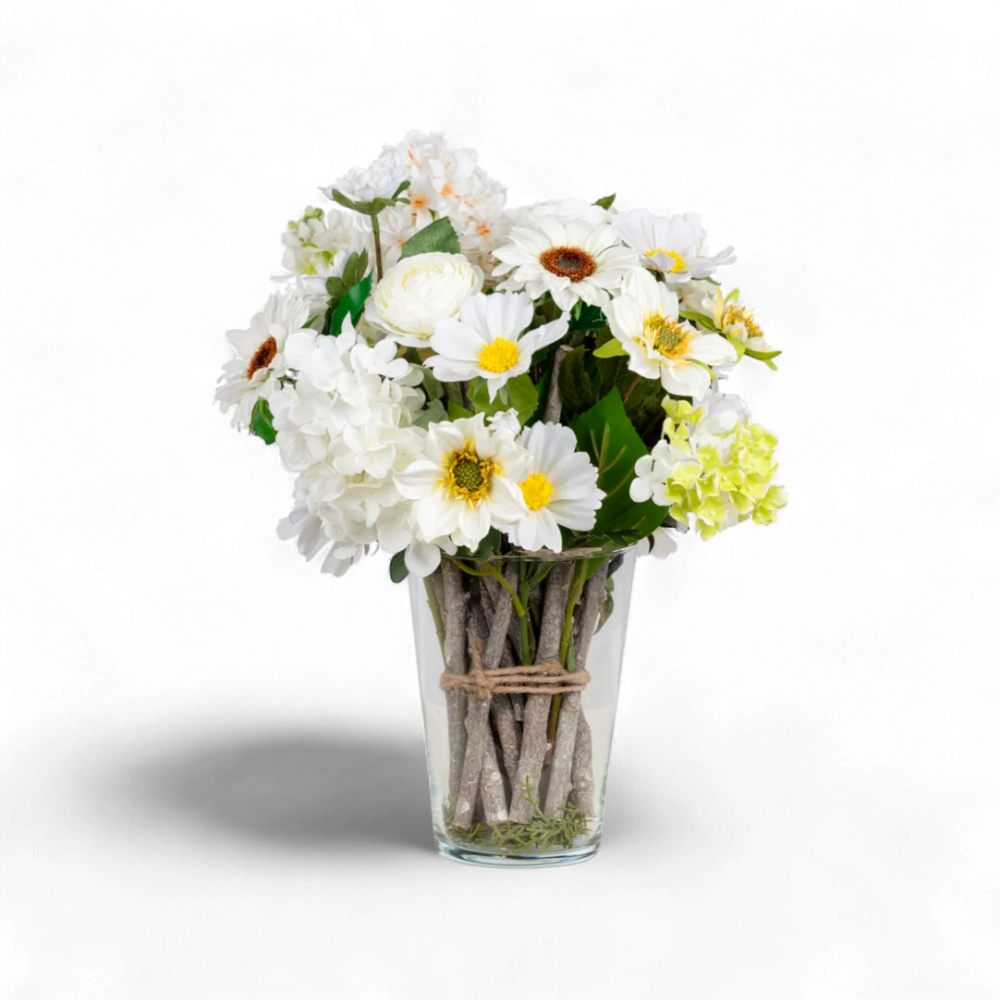 Papatya Aranjmanı – Şeffaf Cam Vazoda