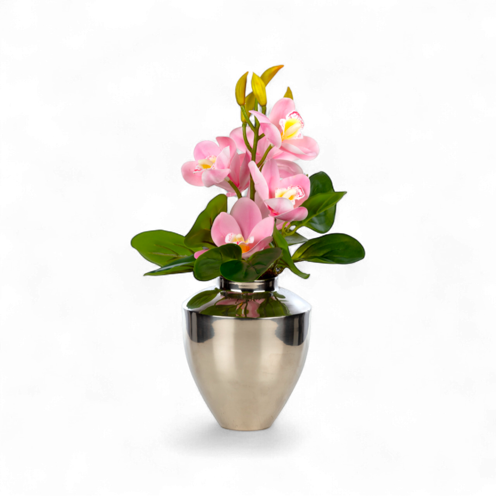 Pembe Orkide Aranjmanı – Mini Metal Vazosunda