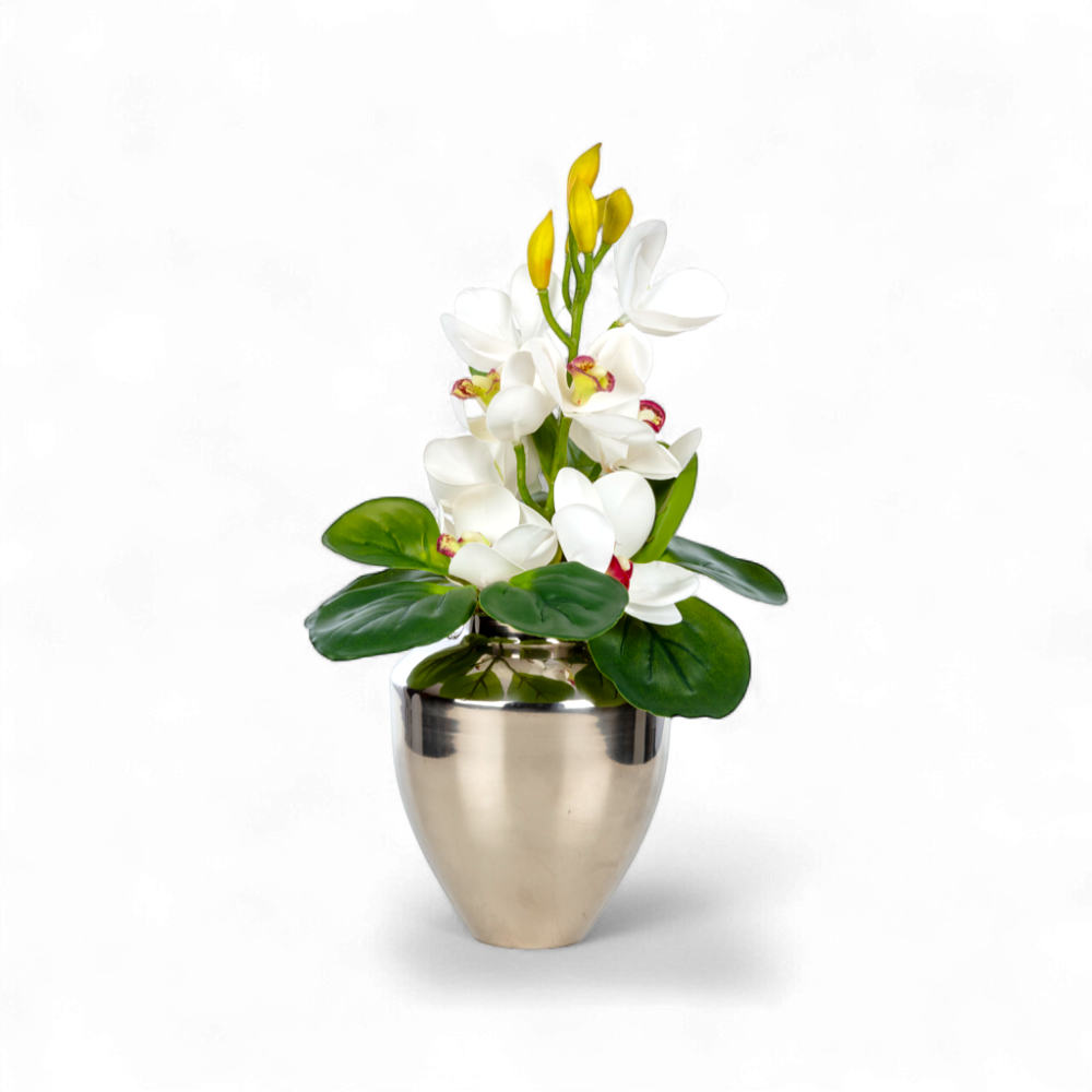 Beyaz Orkide Aranjmanı – Mini Metal Vazosunda