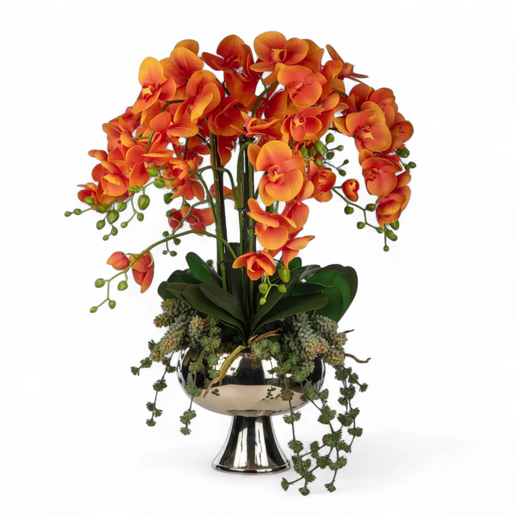 Metal Ayaklı Saksıda Orkide Aranjman – Turuncu Çiçeklerle