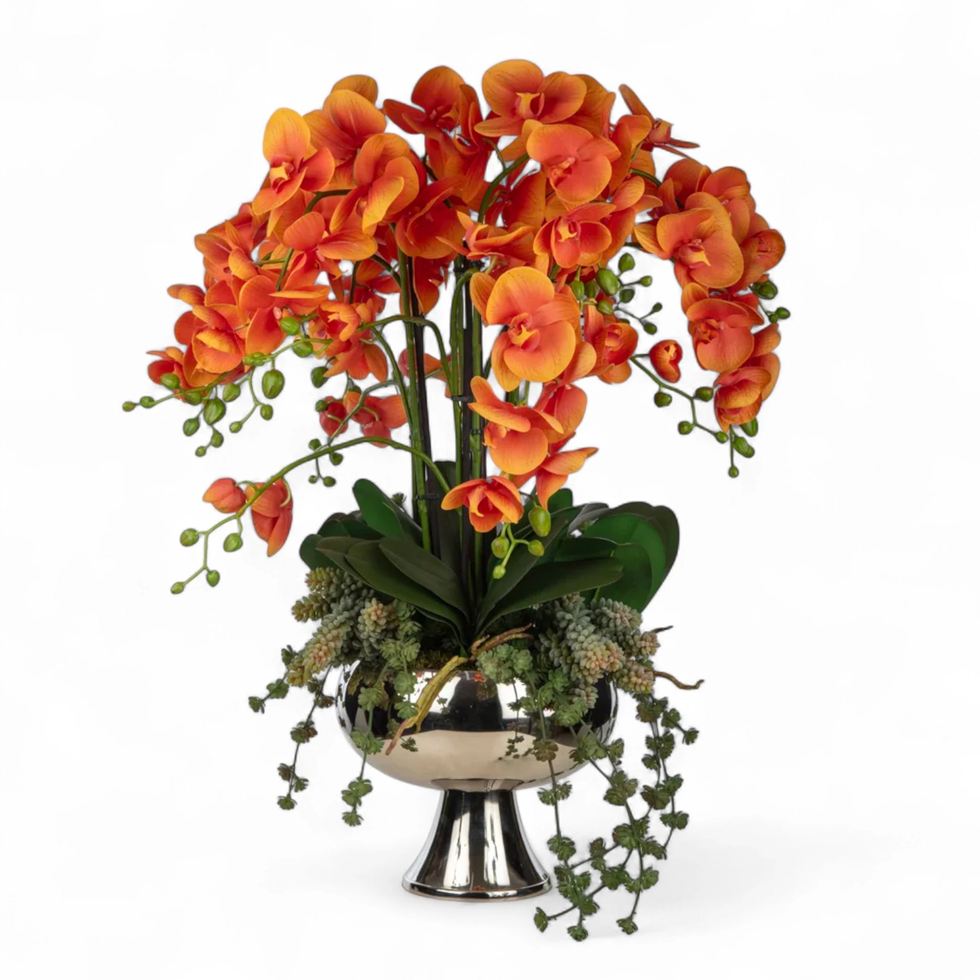 Metal Ayaklı Saksıda Orkide Aranjman – Turuncu Çiçeklerle