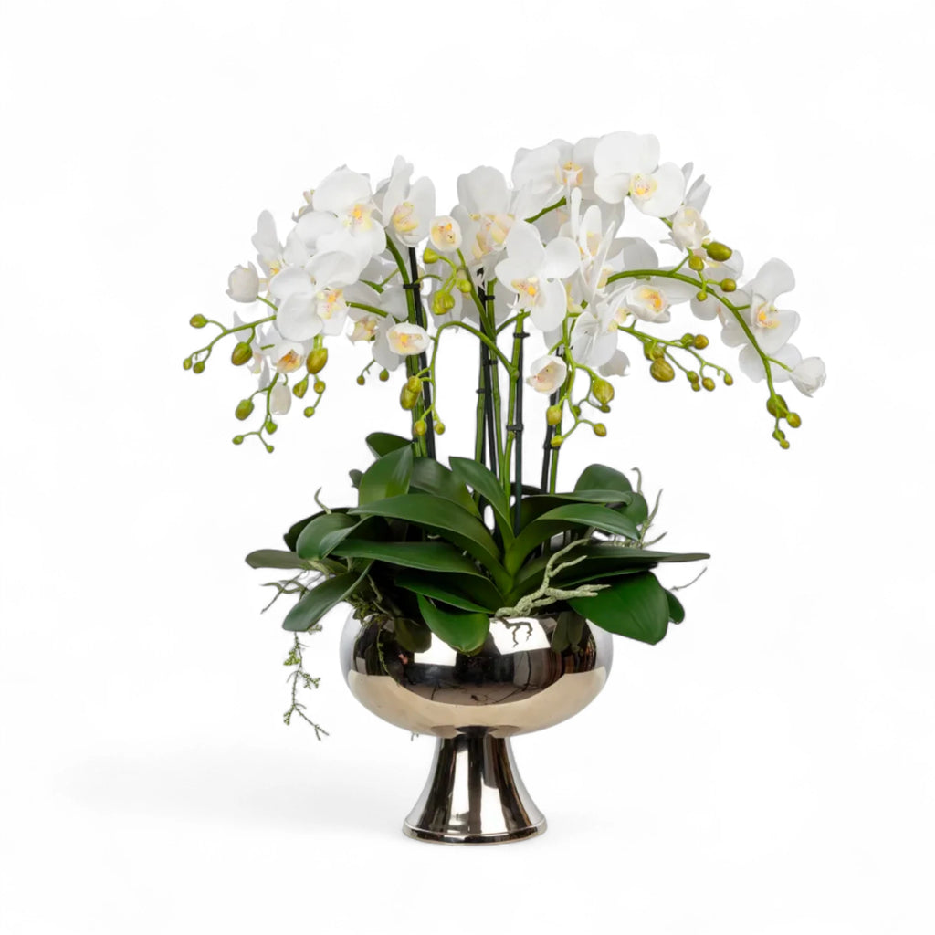 Metal Ayaklı Saksıda Islak Dokulu Orkide Aranjman – Beyaz Çiçeklerle