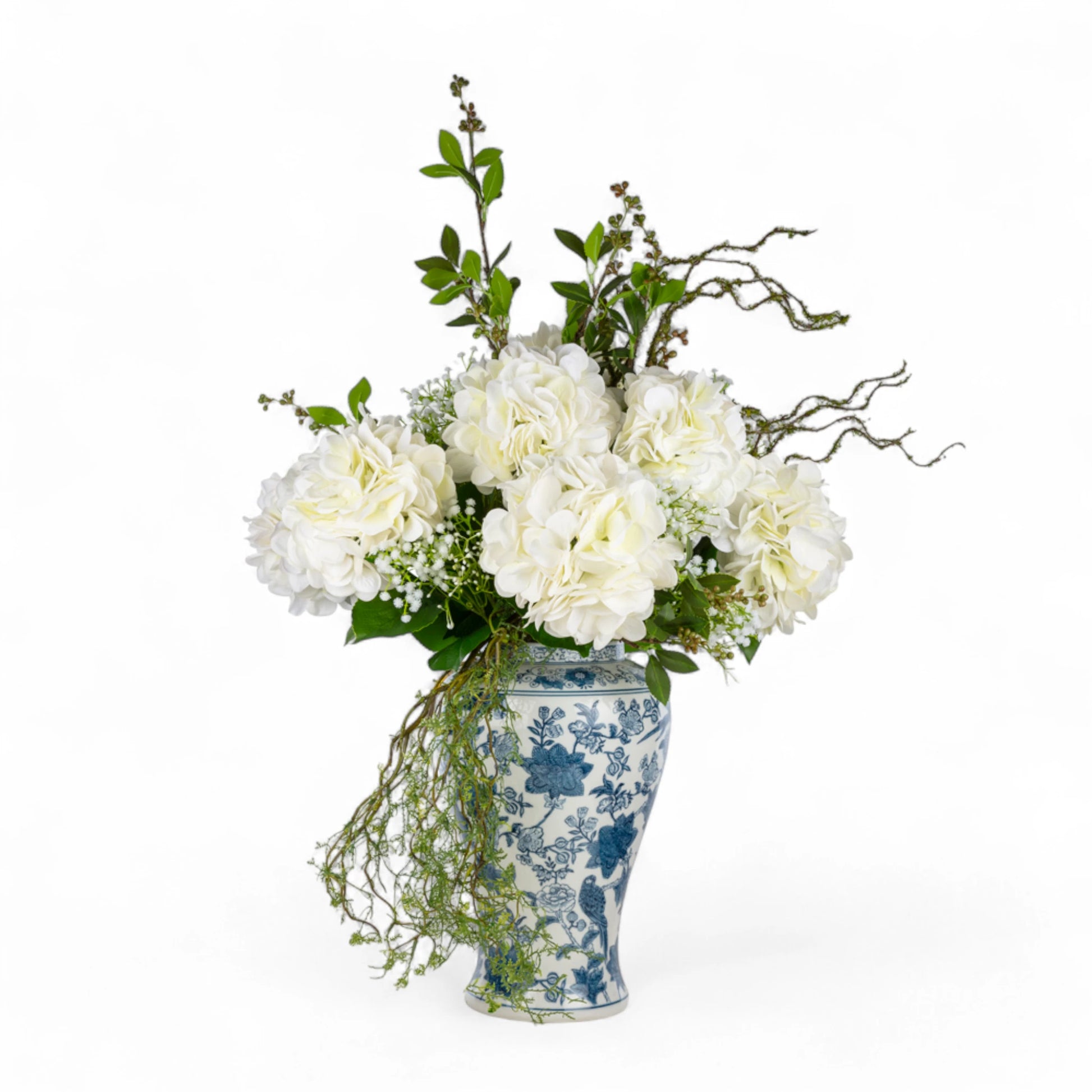 Bleu Blanc Vazo Ortanca Aranjman – Beyaz Çiçeklerle