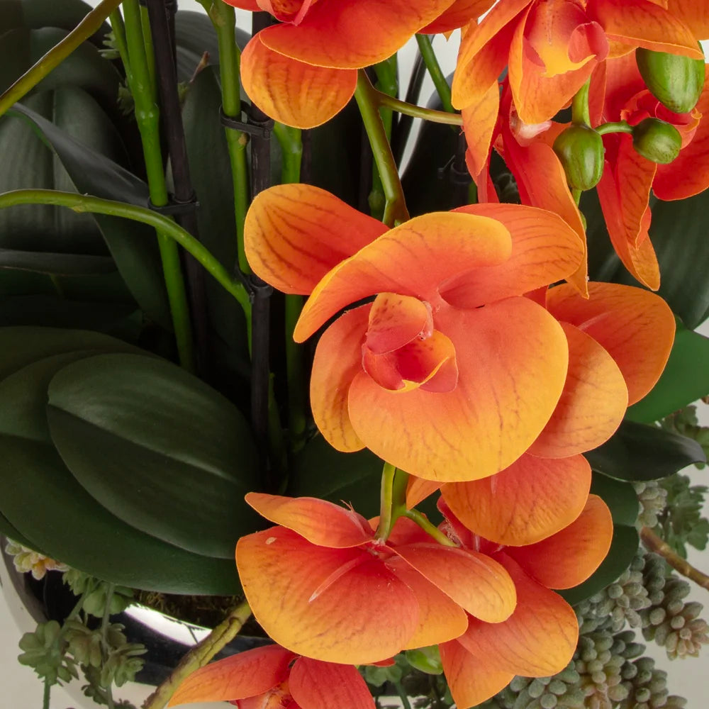 Metal Ayaklı Saksıda Orkide Aranjman – Turuncu Çiçeklerle