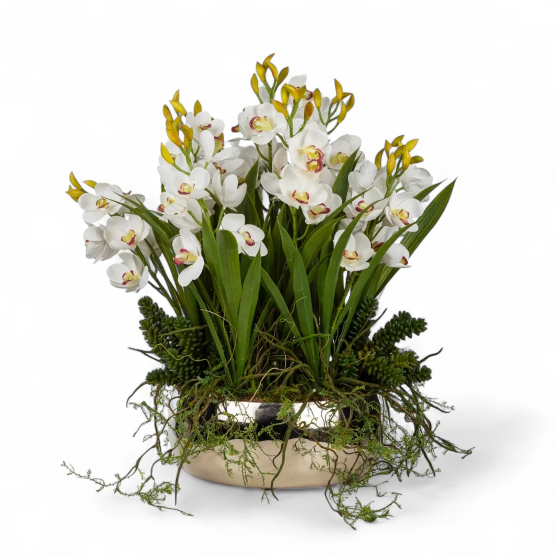 Gümüş Metal Saksıda Beyaz Orkide Aranjman